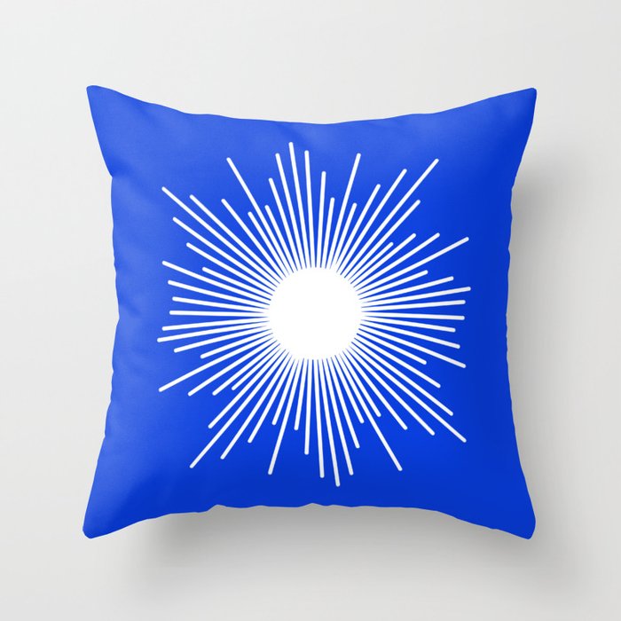 Mid Century Modern Minimalist Sunburst Retro Sun Royal Blue and White Throw Pillow Gallery Image 6