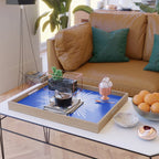 Mid Century Modern Minimalist Sunburst Retro Sun Royal Blue and White Serving Tray Gallery Image 2