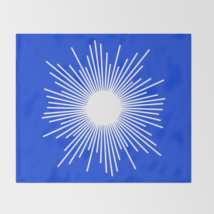 Mid Century Modern Minimalist Sunburst Retro Sun Royal Blue and White Throw Blanket Gallery Image 2