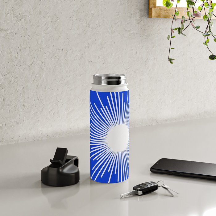 Mid Century Modern Minimalist Sunburst Retro Sun Royal Blue and White Water Bottle Gallery Image 4