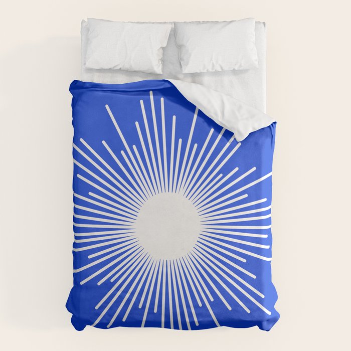 Mid Century Modern Minimalist Sunburst Retro Sun Royal Blue and White Duvet Cover Gallery Image 6