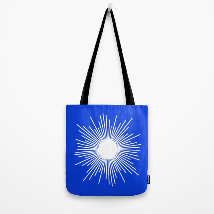 Mid Century Modern Minimalist Sunburst Retro Sun Royal Blue and White Tote Bag Gallery Image 2