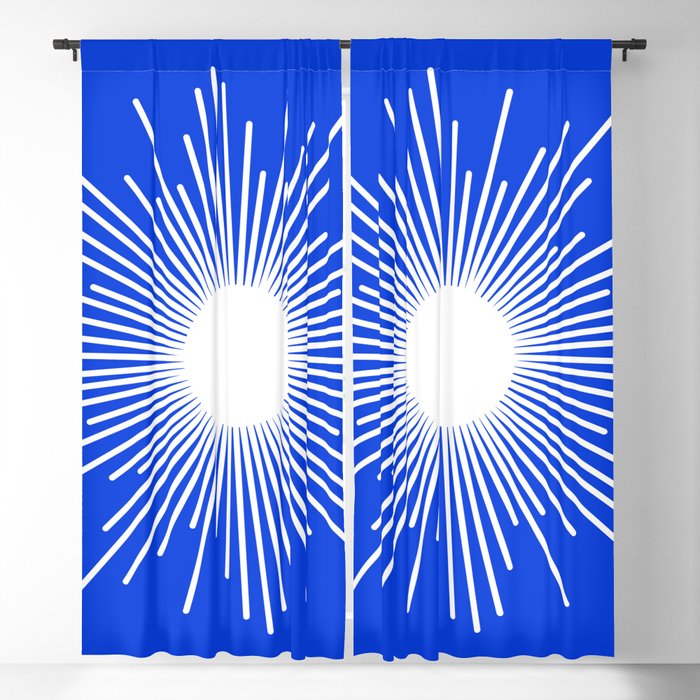 Mid Century Modern Minimalist Sunburst Retro Sun Royal Blue and White Window Curtain Gallery Image 5