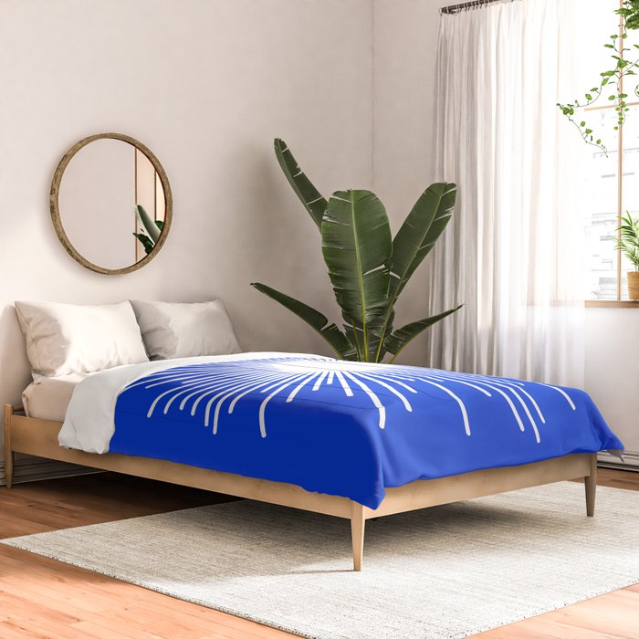 Mid Century Modern Minimalist Sunburst Retro Sun Royal Blue and White Comforter Gallery Image 2