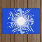 Mid Century Modern Minimalist Sunburst Retro Sun Royal Blue and White Outdoor Rug Gallery Image 1