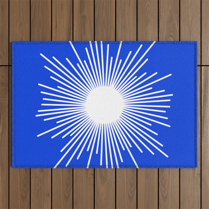Mid Century Modern Minimalist Sunburst Retro Sun Royal Blue and White Outdoor Rug Gallery Image 1