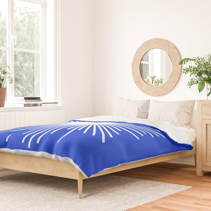 Mid Century Modern Minimalist Sunburst Retro Sun Royal Blue and White Duvet Cover Gallery Image 2