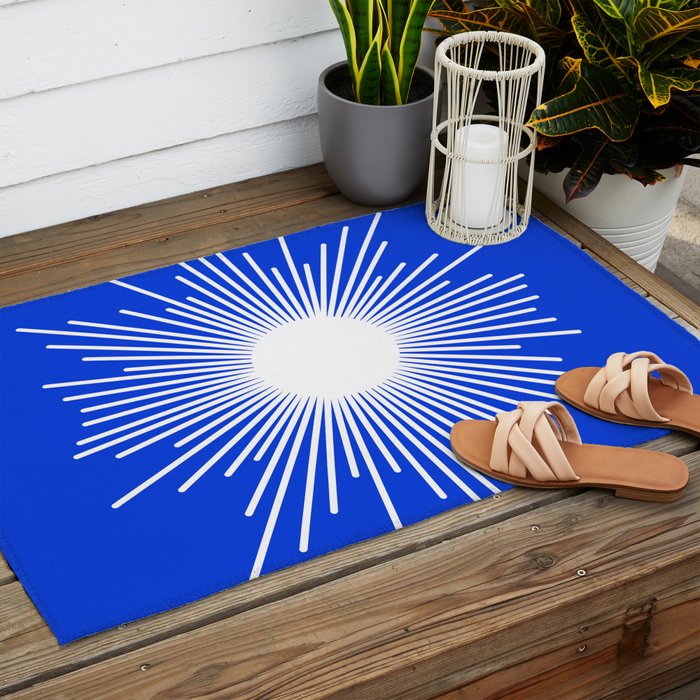 Mid Century Modern Minimalist Sunburst Retro Sun Royal Blue and White Outdoor Rug Gallery Image 2