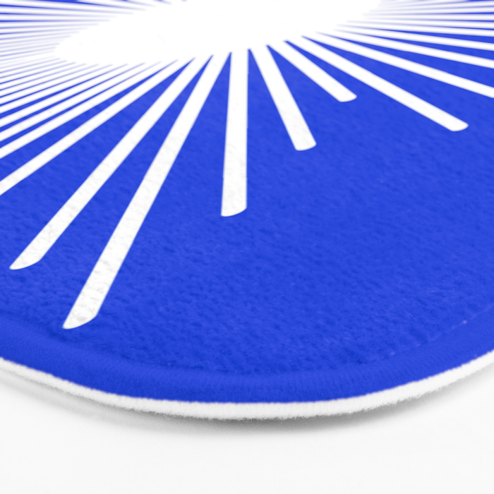 Mid Century Modern Minimalist Sunburst Retro Sun Royal Blue and White Bath Mat Gallery Image 3