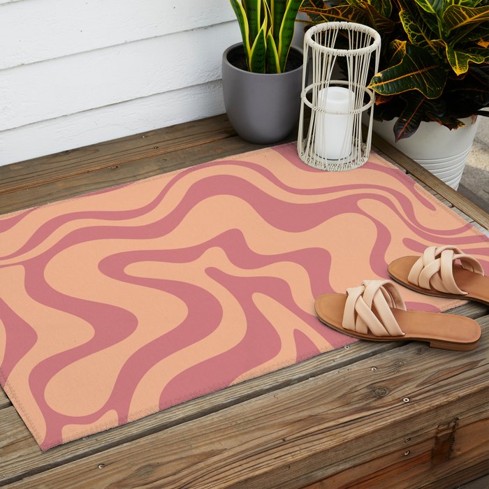 Retro Liquid Swirl Abstract Pattern Peach and Plum Outdoor Rug Gallery Image 2