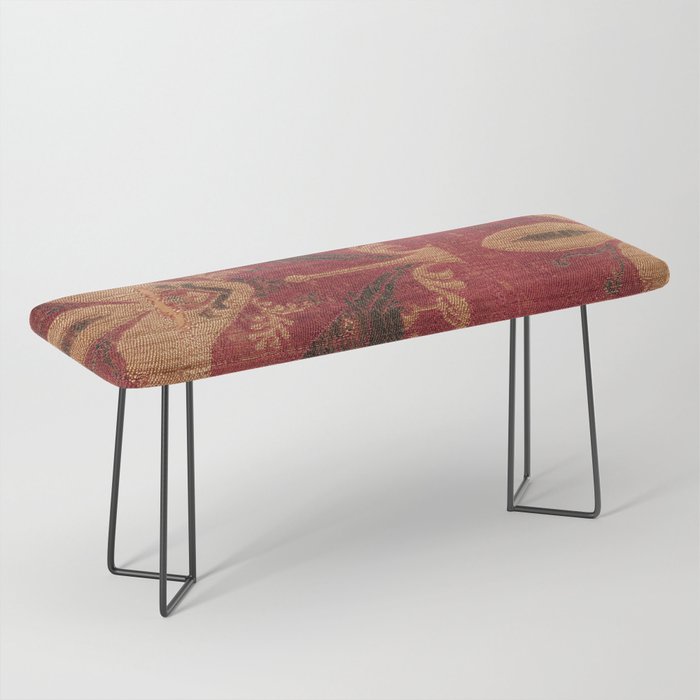 Antique Distressed Red Silk with Palmettes and Birds Bench Gallery Image 1