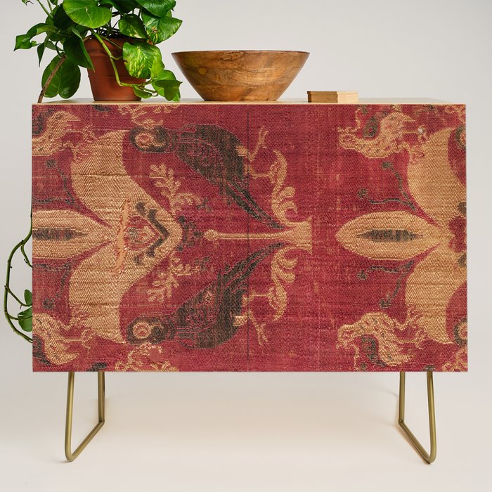 Antique Distressed Red Silk with Palmettes and Birds Credenza Gallery Image 1