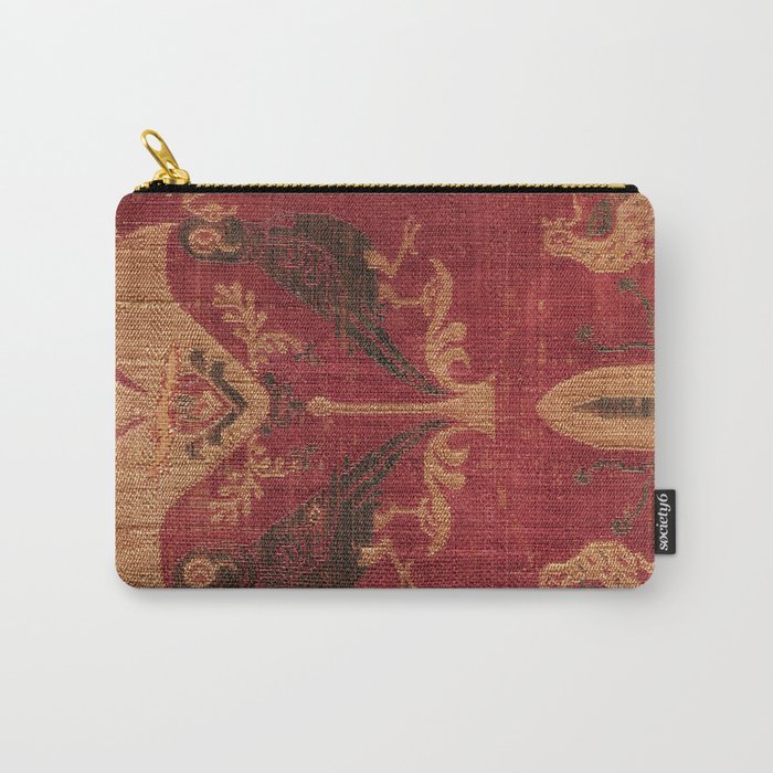 Antique Distressed Red Silk with Palmettes and Birds Carry All Pouch Gallery Image 1