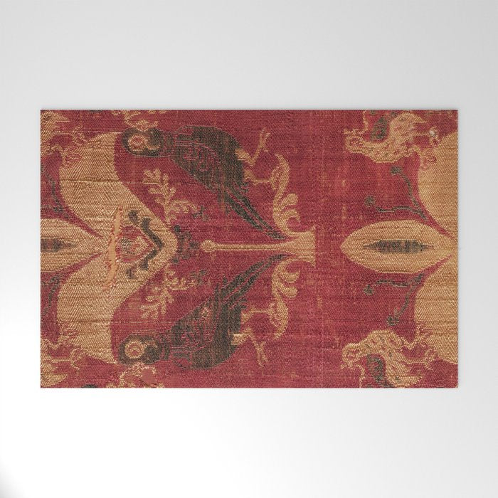 Antique Distressed Red Silk with Palmettes and Birds Welcome Mat Gallery Image 1
