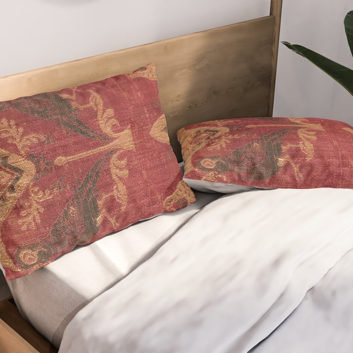 Antique Distressed Red Silk with Palmettes and Birds Pillow Sham Gallery Image 2