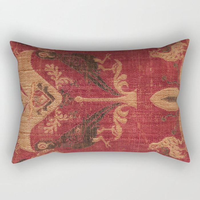 Antique Distressed Red Silk with Palmettes and Birds Rectangular Pillow Gallery Image 2