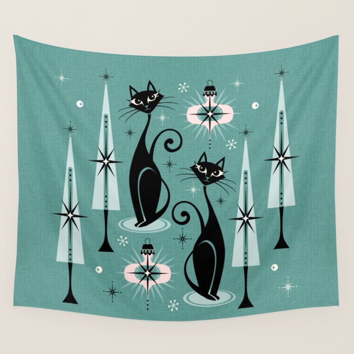Mid Century Meow Atomic Kitty Christmas ©studioxtine Wall Tapestry Gallery Image 4