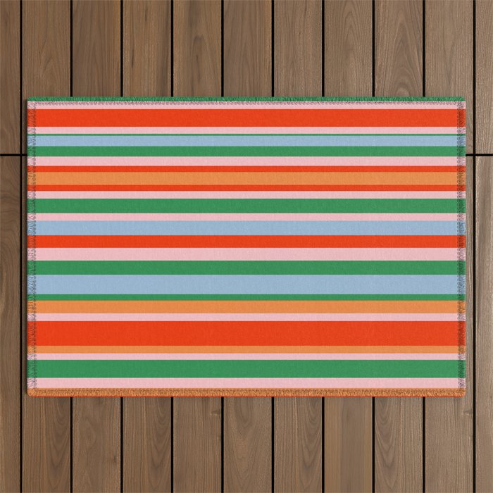Colorful Stripes in Orange, Green, Pale Pink, and Baby Blue Outdoor Rug Gallery Image 1