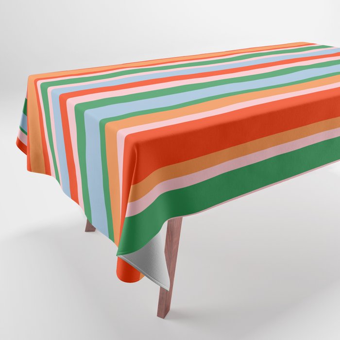 Colorful Stripes in Orange, Green, Pale Pink, and Baby Blue Tablecloth Gallery Image 1