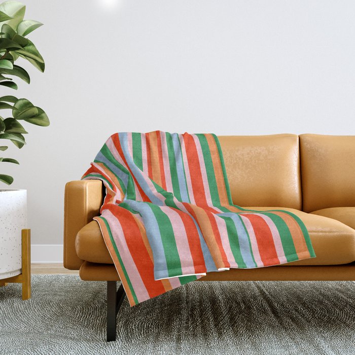 Colorful Stripes in Orange, Green, Pale Pink, and Baby Blue Throw Blanket Gallery Image 1