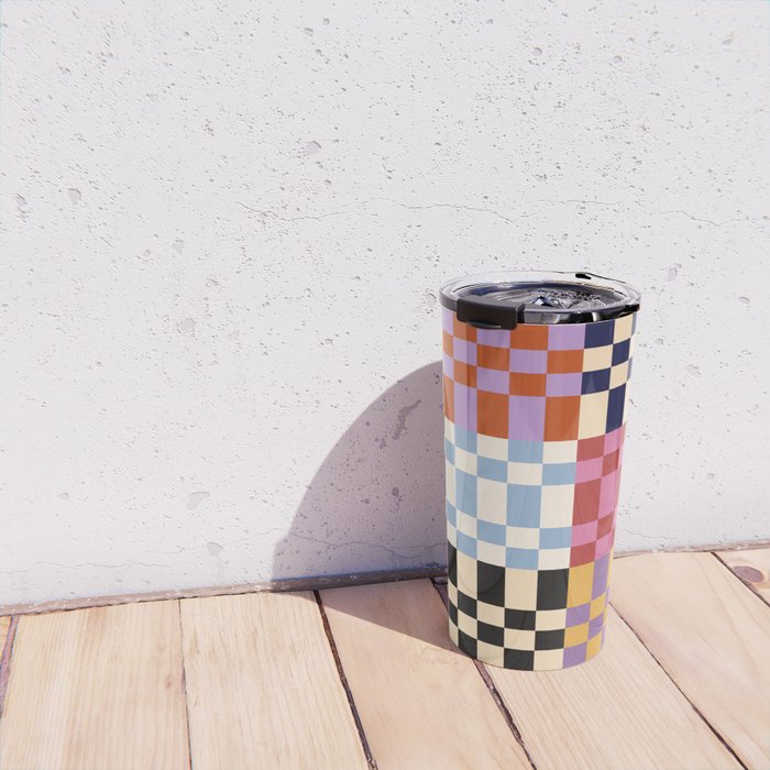 Retro 70s Colorful Patchwork Checkerboard Travel Mug Gallery Image 4