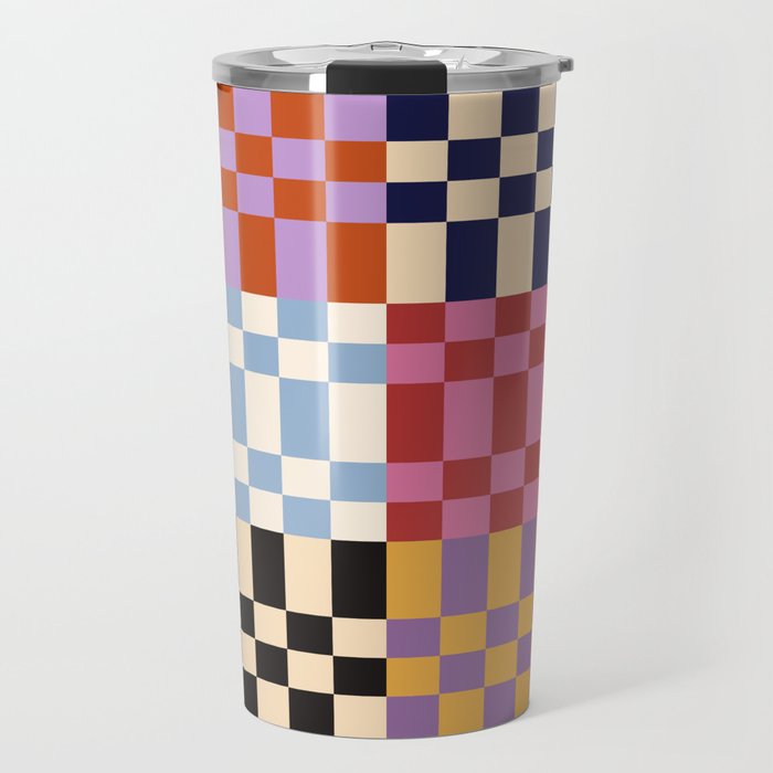 Retro 70s Colorful Patchwork Checkerboard Travel Mug Gallery Image 1
