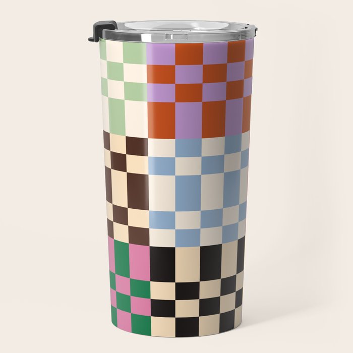 Retro 70s Colorful Patchwork Checkerboard Travel Mug Gallery Image 3