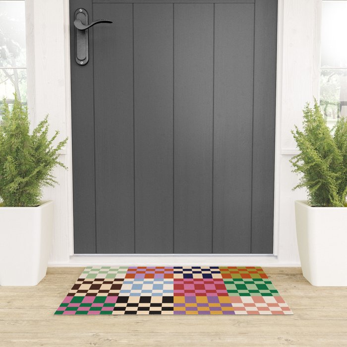 Retro 70s Colorful Patchwork Checkerboard Welcome Mat Gallery Image 3