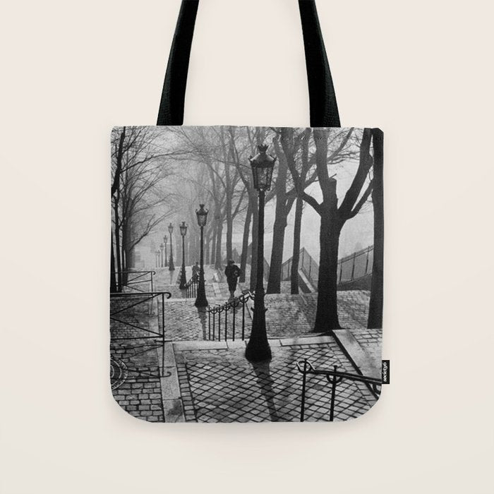 Sacre Coeur, Montmartre, Paris, France Stairs black and white photograph / black and white photography Tote Bag Gallery Image 1