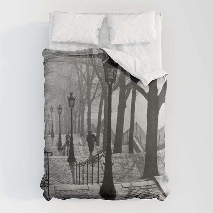 Sacre Coeur, Montmartre, Paris, France Stairs black and white photograph / black and white photography Duvet Cover Gallery Image 1