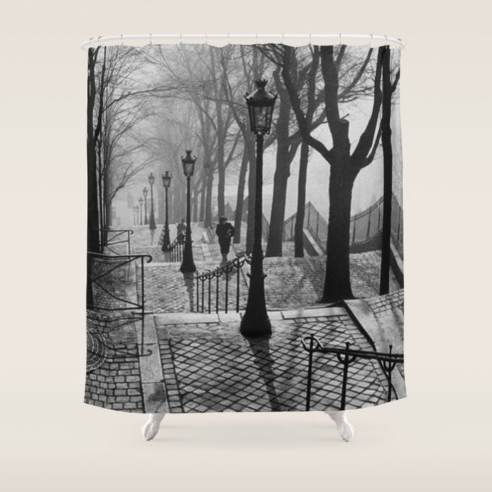 Sacre Coeur, Montmartre, Paris, France Stairs black and white photograph / black and white photography Shower Curtain Gallery Image 1