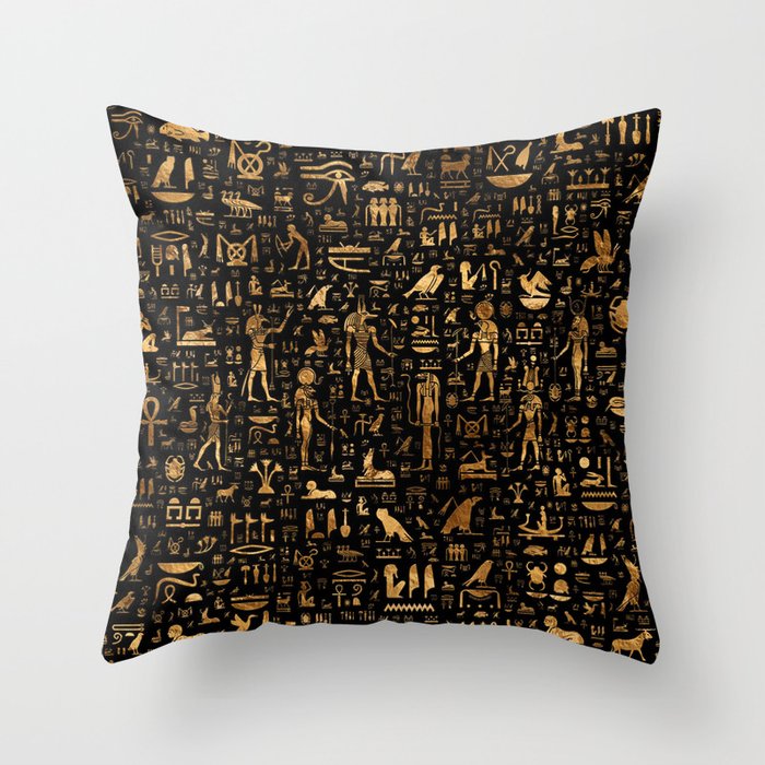 Ancient Egyptian Hieroglyphics Obsidian Copper Throw Pillow Gallery Image 6