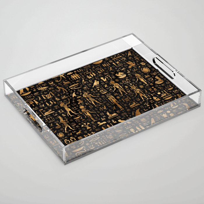 Ancient Egyptian Hieroglyphics Obsidian Copper Acrylic Tray Gallery Image 1