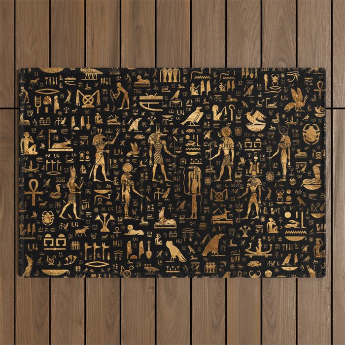 Ancient Egyptian Hieroglyphics Obsidian Copper Outdoor Rug Gallery Image 1