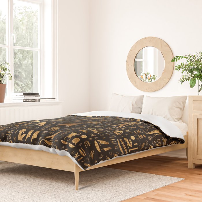 Ancient Egyptian Hieroglyphics Obsidian Copper Duvet Cover Gallery Image 2