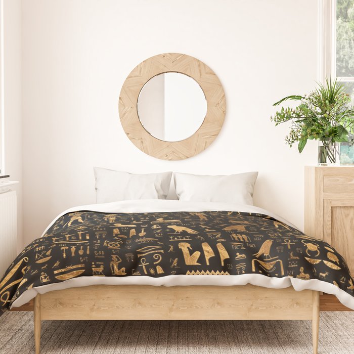 Ancient Egyptian Hieroglyphics Obsidian Copper Duvet Cover Gallery Image 3