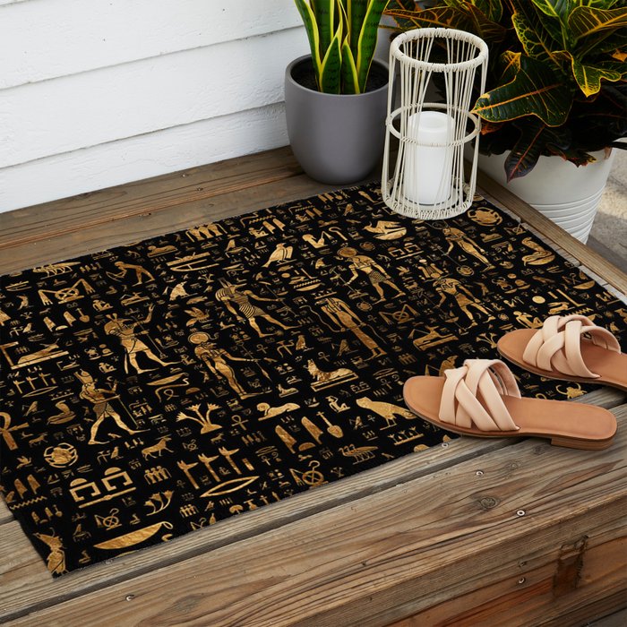 Ancient Egyptian Hieroglyphics Obsidian Copper Outdoor Rug Gallery Image 2