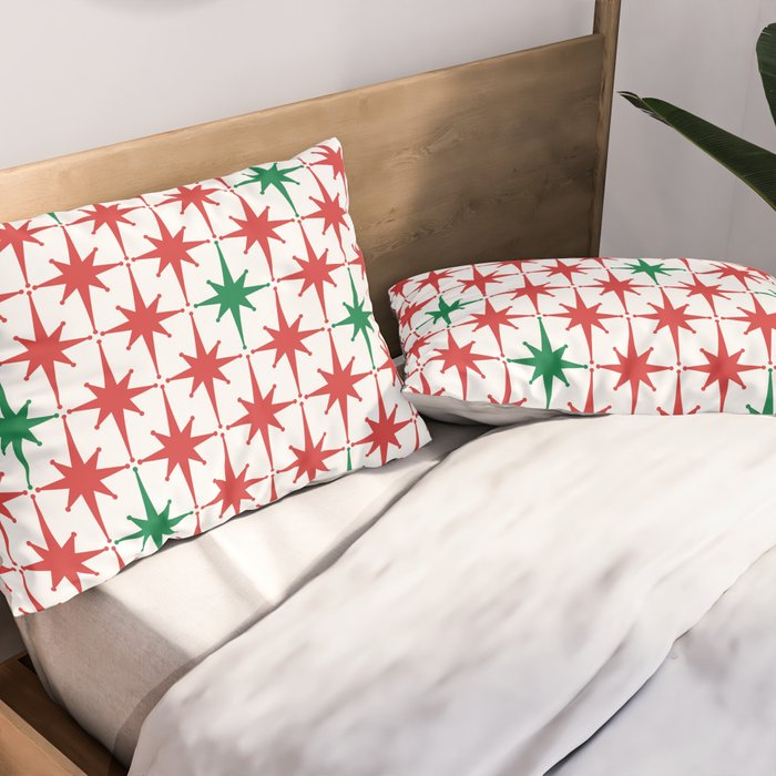 Atomic Age 1950s Retro Vintage Mid-Century Starburst Pattern in Christmas Red Green White Pillow Sham Gallery Image 2