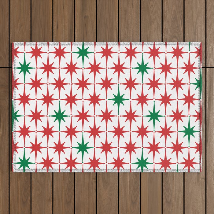Atomic Age 1950s Retro Vintage Mid-Century Starburst Pattern in Christmas Red Green White Outdoor Rug Gallery Image 1