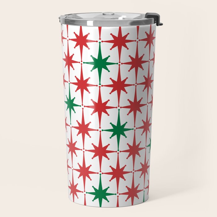 Atomic Age 1950s Retro Vintage Mid-Century Starburst Pattern in Christmas Red Green White Travel Mug Gallery Image 2
