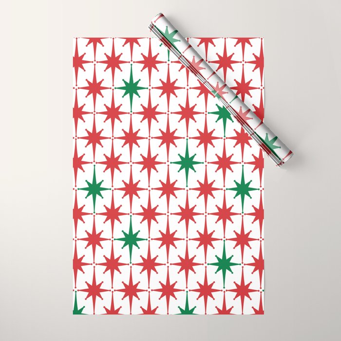 Atomic Age 1950s Retro Vintage Mid-Century Starburst Pattern in Christmas Red Green White Wrapping Paper Gallery Image 1