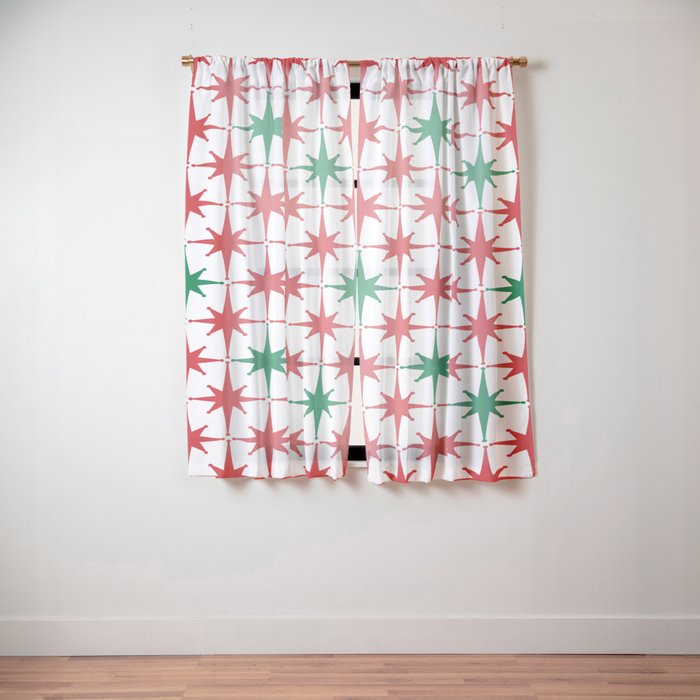 Atomic Age 1950s Retro Vintage Mid-Century Starburst Pattern in Christmas Red Green White Window Curtain Gallery Image 2