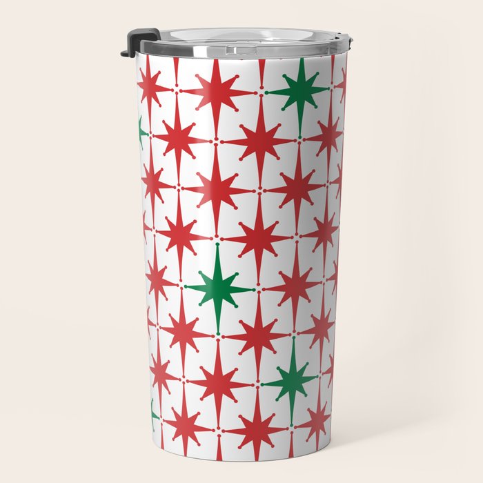 Atomic Age 1950s Retro Vintage Mid-Century Starburst Pattern in Christmas Red Green White Travel Mug Gallery Image 3