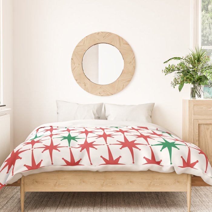 Atomic Age 1950s Retro Vintage Mid-Century Starburst Pattern in Christmas Red Green White Duvet Cover Gallery Image 3