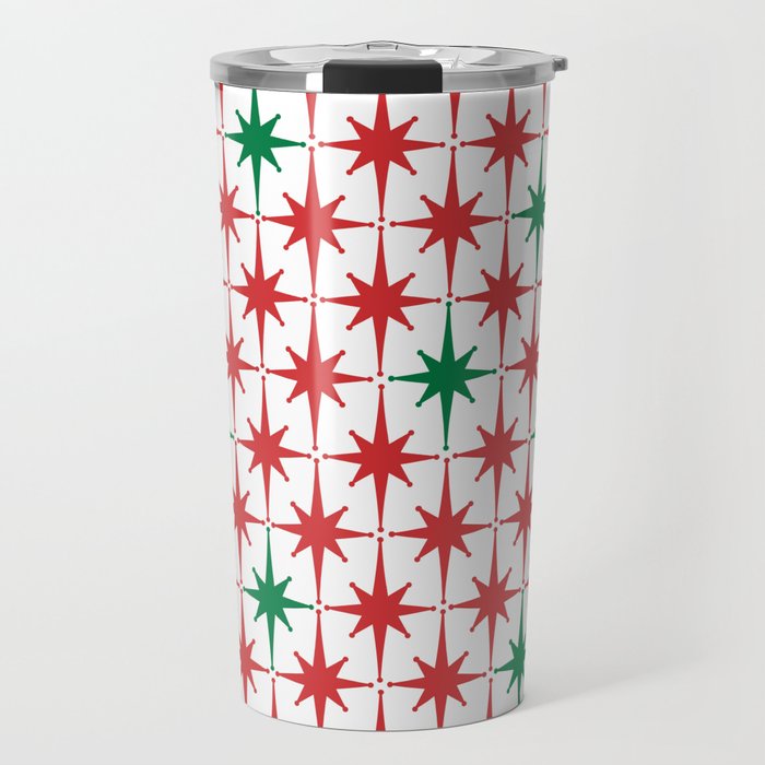 Atomic Age 1950s Retro Vintage Mid-Century Starburst Pattern in Christmas Red Green White Travel Mug Gallery Image 1