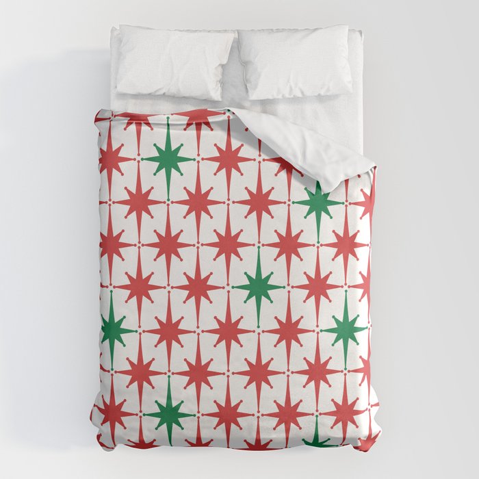 Atomic Age 1950s Retro Vintage Mid-Century Starburst Pattern in Christmas Red Green White Duvet Cover Gallery Image 1