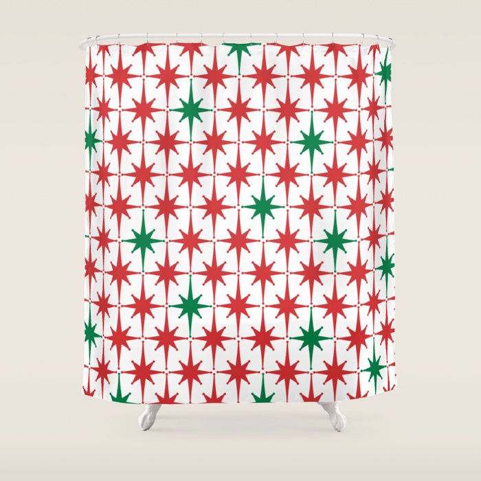 Atomic Age 1950s Retro Vintage Mid-Century Starburst Pattern in Christmas Red Green White Shower Curtain Gallery Image 1