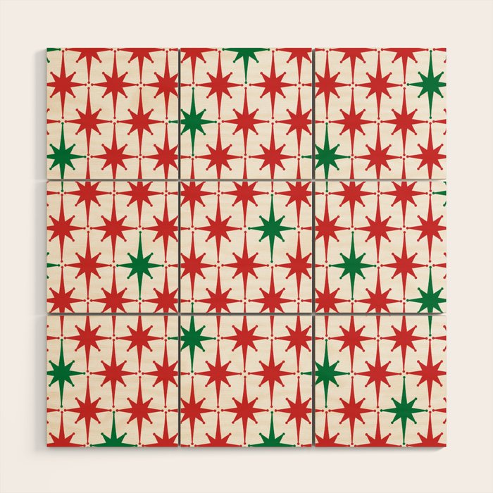 Atomic Age 1950s Retro Vintage Mid-Century Starburst Pattern in Christmas Red Green White Wood Wall Art Gallery Image 1