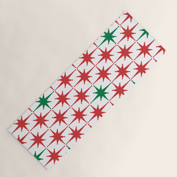 Atomic Age 1950s Retro Vintage Mid-Century Starburst Pattern in Christmas Red Green White Yoga Mat Gallery Image 1