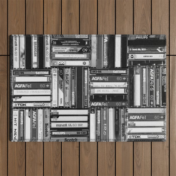 Music Cassette Stacks - Black and White - Something Nostalgic IV #decor #society6 #buyart Outdoor Rug Gallery Image 1